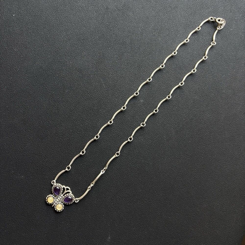 Q.T. Sterling Silver 925 Butterfly Pendant Necklace DNA Bone Chain Amethyst 16”